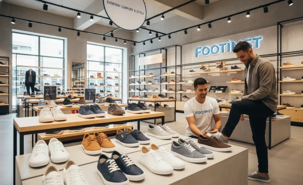 Footinst staff helping a male customer choose casual shoes including sneakers, loafers, and slip-ons in the flagship store, highlighting style, comfort, and everyday wear.