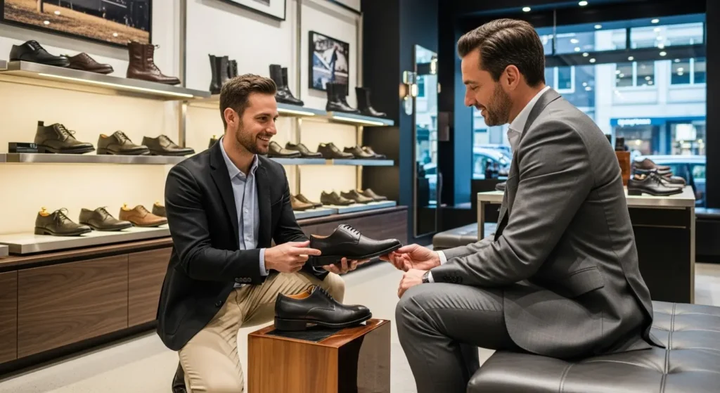 Footwear expert explaining features of durable office shoes to customer inside a modern shoe store