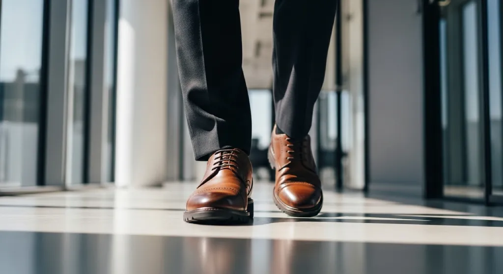 Man and woman walking in office hallway wearing durable office shoes – best shoes for office workers who stand and move all day