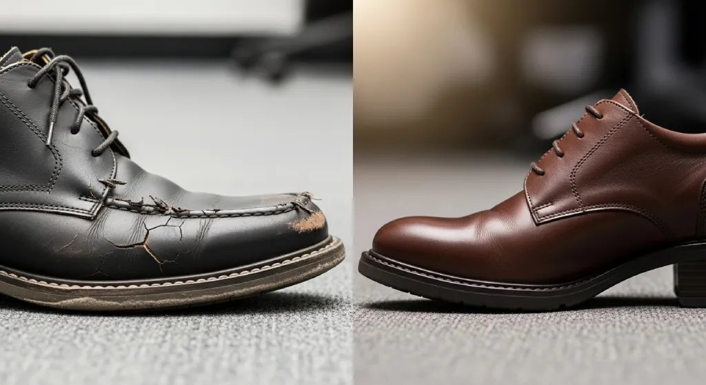 Worn-out cheap office shoe vs durable premium shoe – best office footwear buying tips for 2025