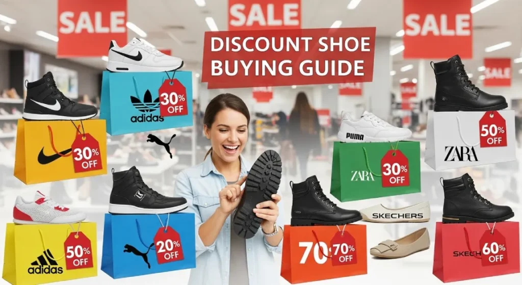 A variety of branded discount shoes in colorful bags with 30% to 70% off tags, shown inside a modern shoe store with a happy customer inspecting a shoe sole.