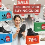 A variety of branded discount shoes in colorful bags with 30% to 70% off tags, shown inside a modern shoe store with a happy customer inspecting a shoe sole.