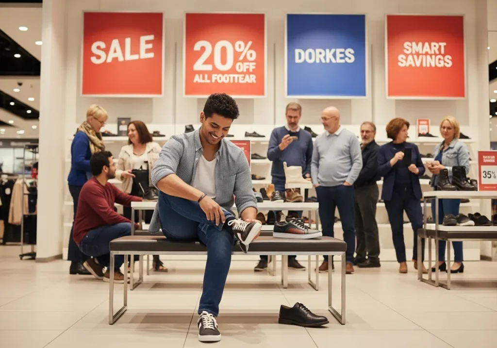 Smart shopper trying on discounted branded shoes at a store, feeling confident and happy
