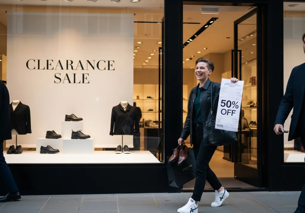Customer leaving store with discounted premium shoes and a happy smile