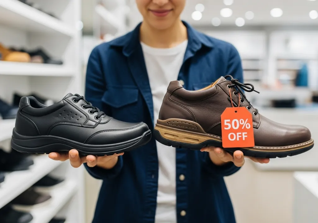 Customer choosing discounted high-quality shoes over cheap ones in store