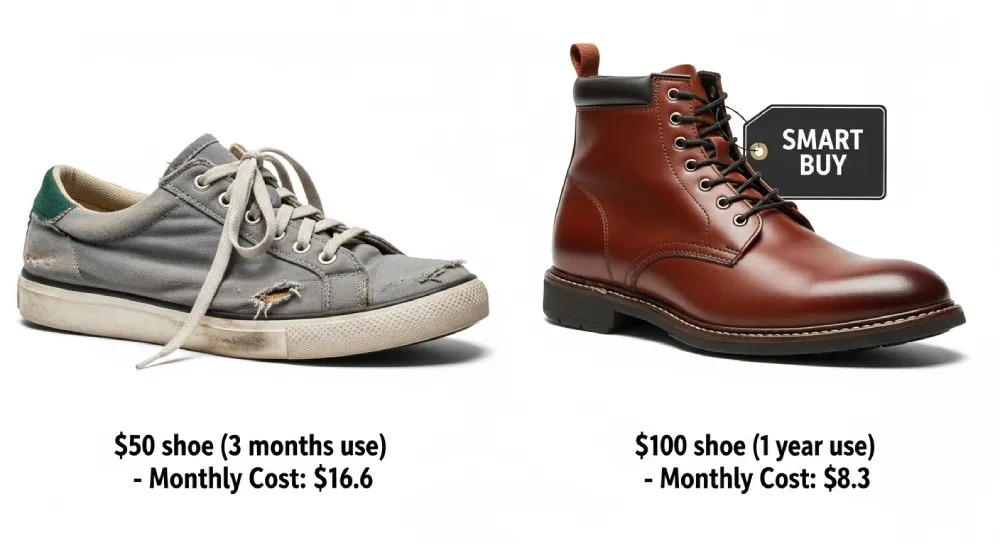 Visual comparison of shoe cost per wear — cheap shoe at $16.6/month vs discounted quality shoe at $8.3/month
