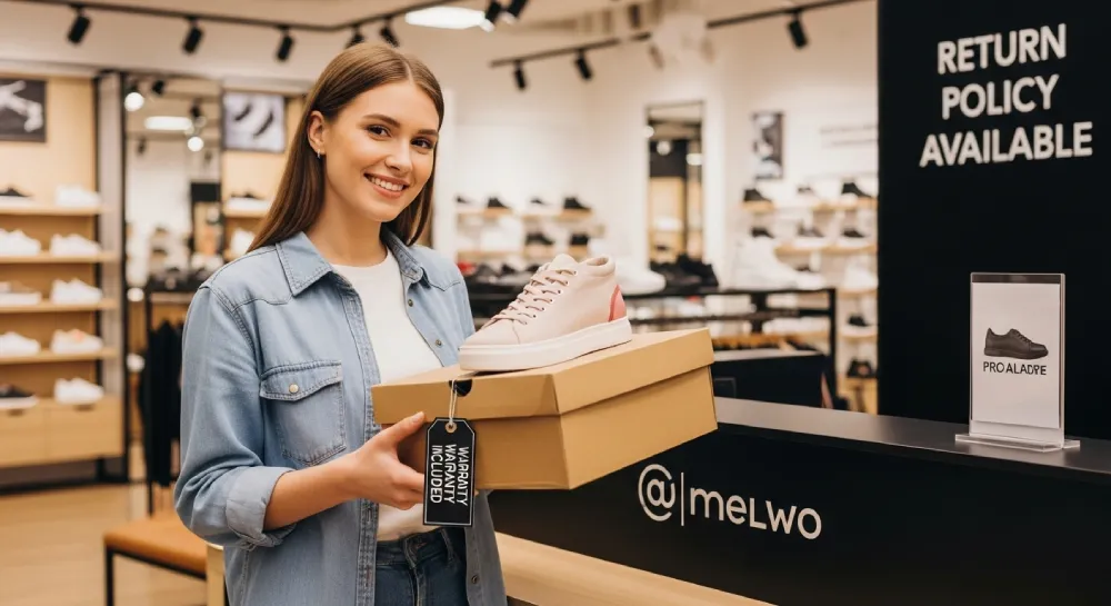 Happy customer buying shoes from an official brand store with warranty tag