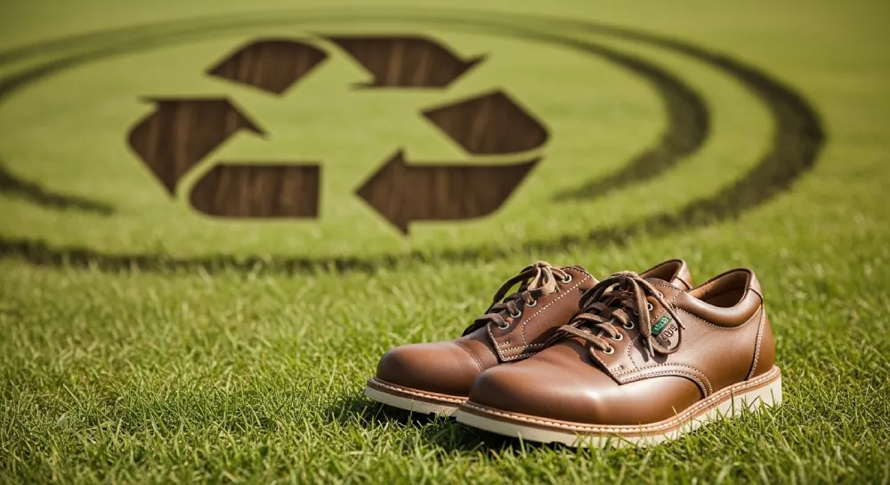 Eco-friendly durable shoes placed on grass with a recycling symbol in the background