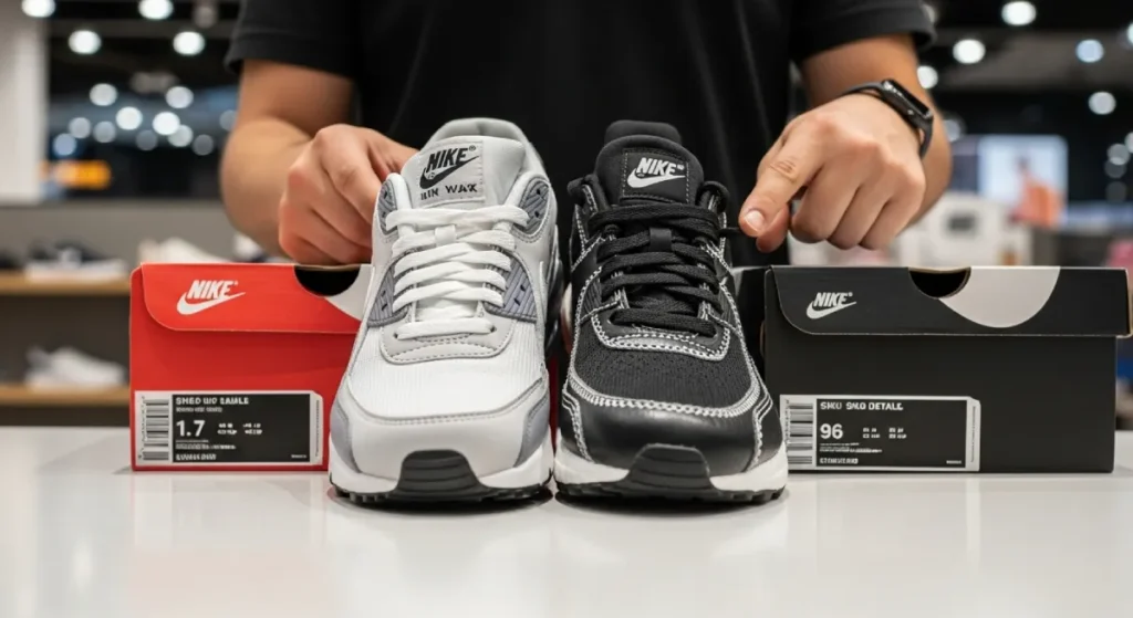 Customer comparing authentic and fake branded shoes side by side