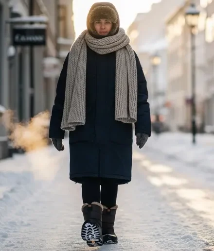 Person walking safely on a snowy street wearing durable winter shoes.
