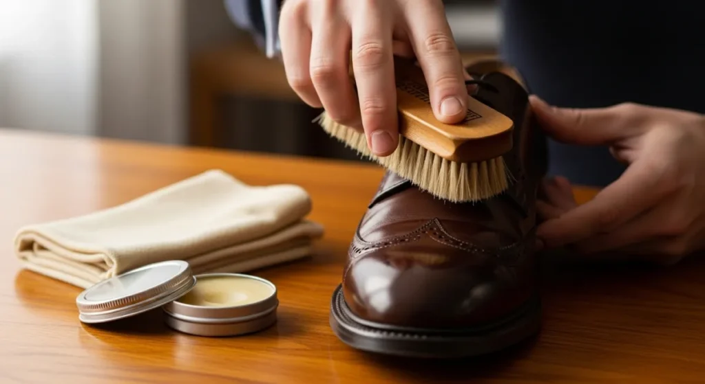 Person brushing leather shoes with a soft brush for daily shoe care.