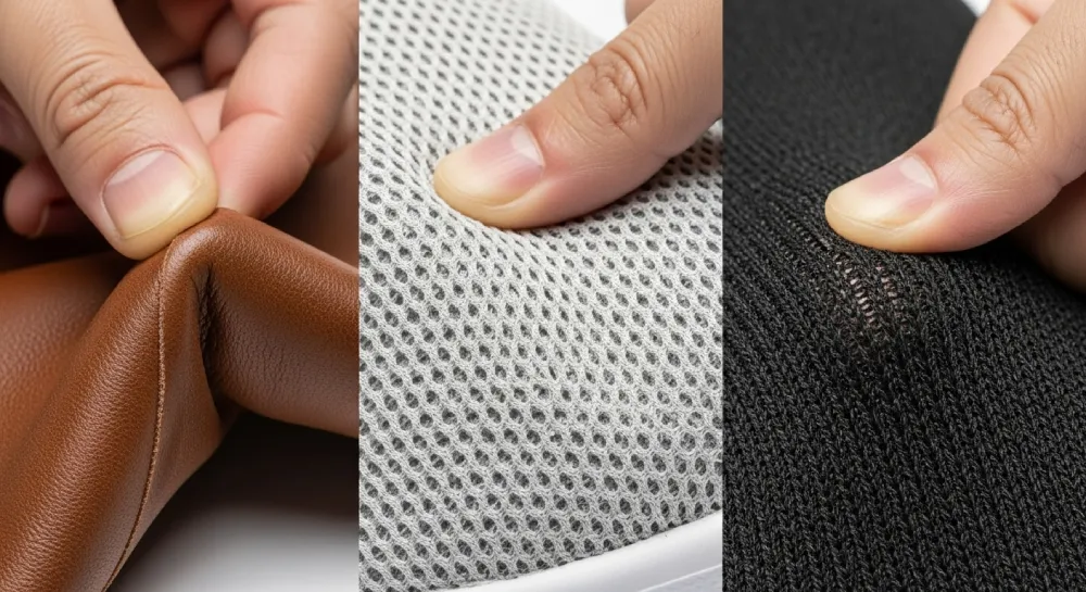 Close-up of quality shoe upper materials including leather, mesh, and knit for strength and breathability.