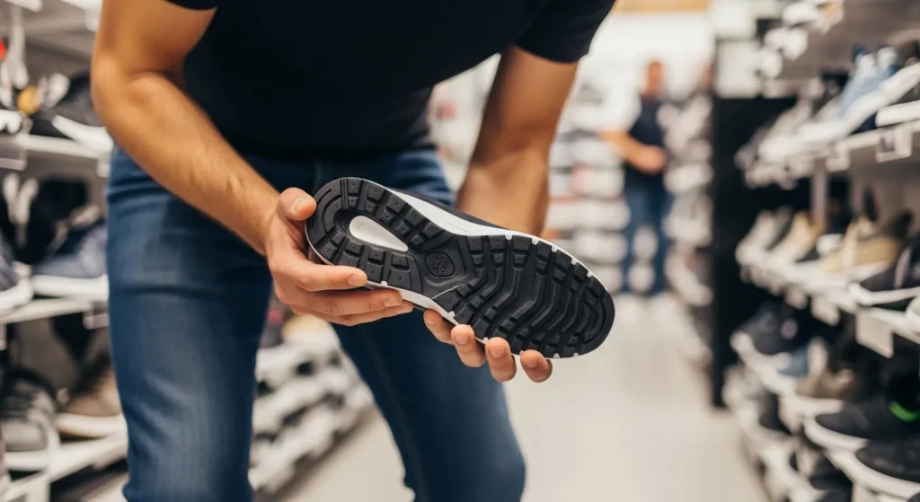 Person checking shoe sole quality by twisting and pressing.