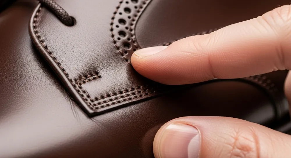 Inspecting tight stitching and clean finishing on a quality non-branded shoe.