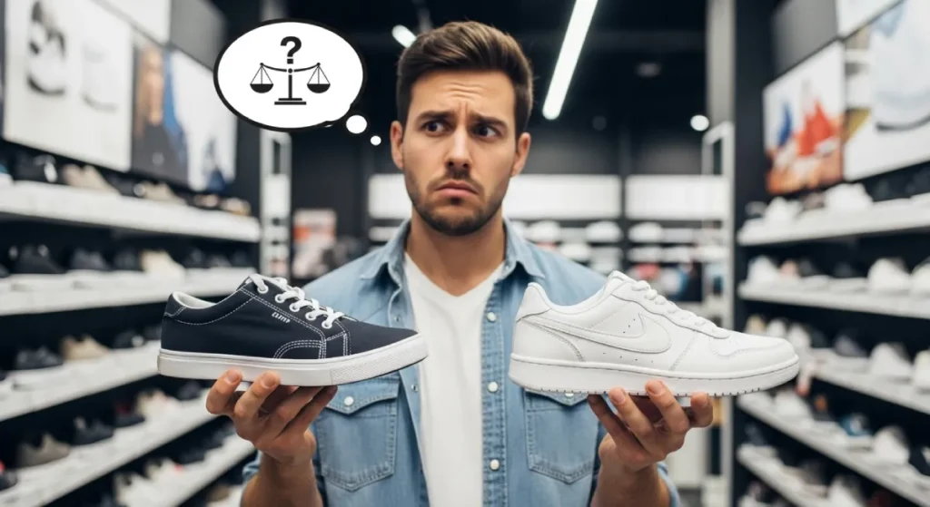 Customer comparing branded and non-branded shoes while unsure which to choose.