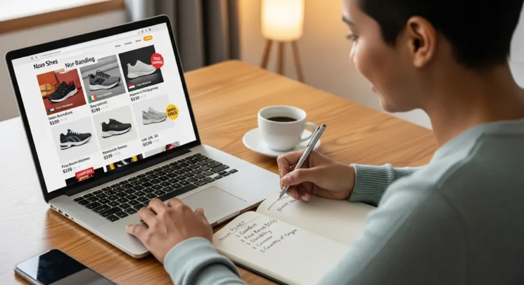 Global buyer searching for quality non-branded shoes online with a confident shopping checklist.