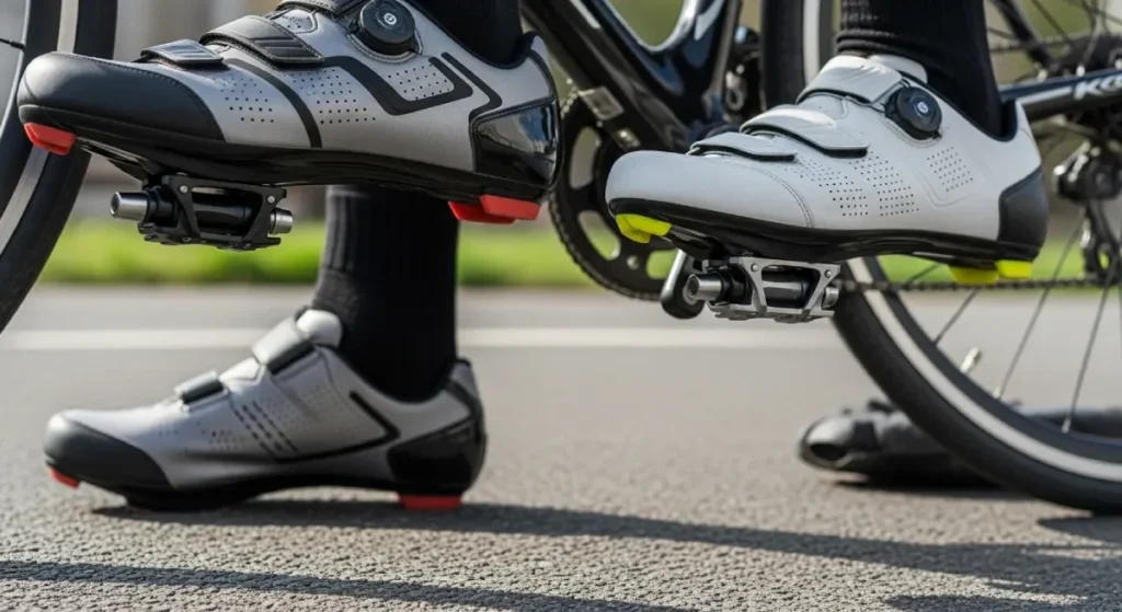 yclist feet wearing proper cycling shoes gripping the pedals securely