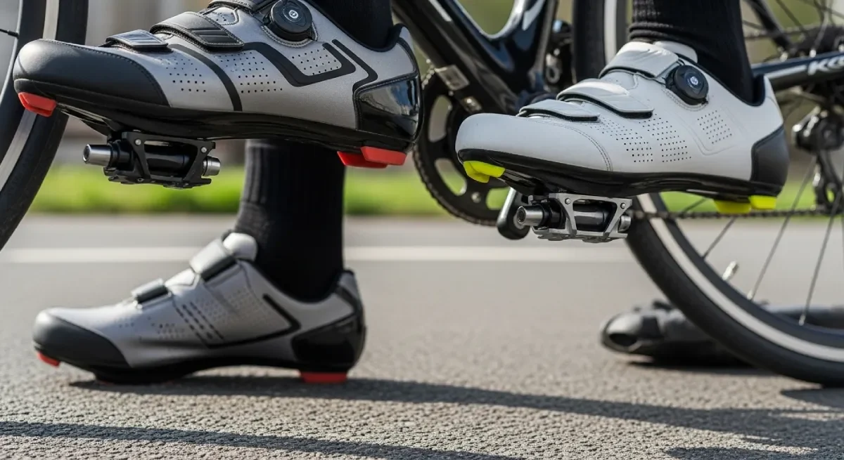 yclist feet wearing proper cycling shoes gripping the pedals securely