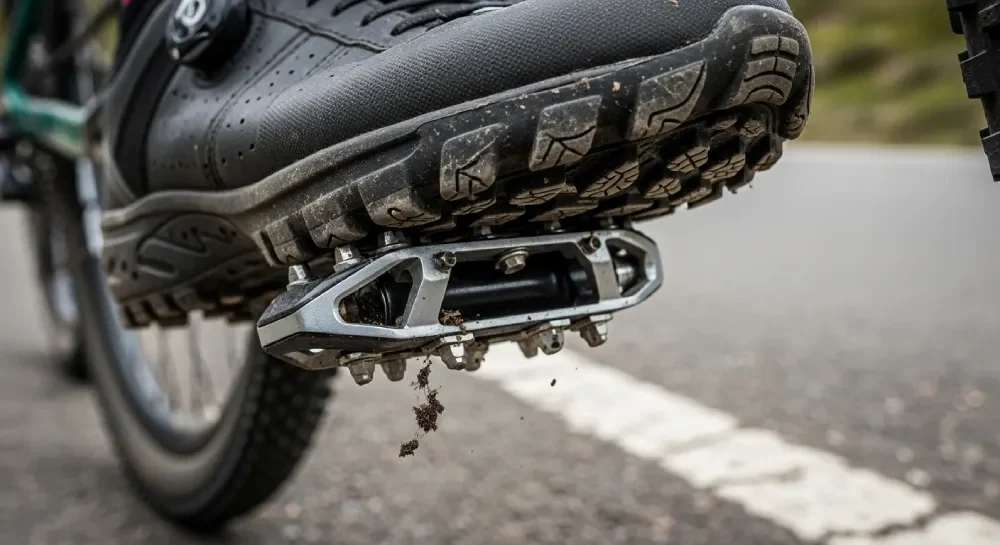 Cyclist’s shoe with grippy rubber sole on a bike pedal for better control