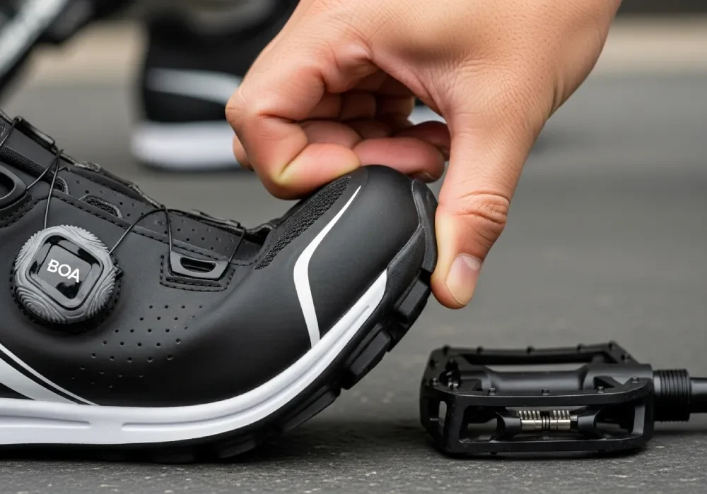 Cycling shoe showing firm yet flexible sole for pedaling efficiency