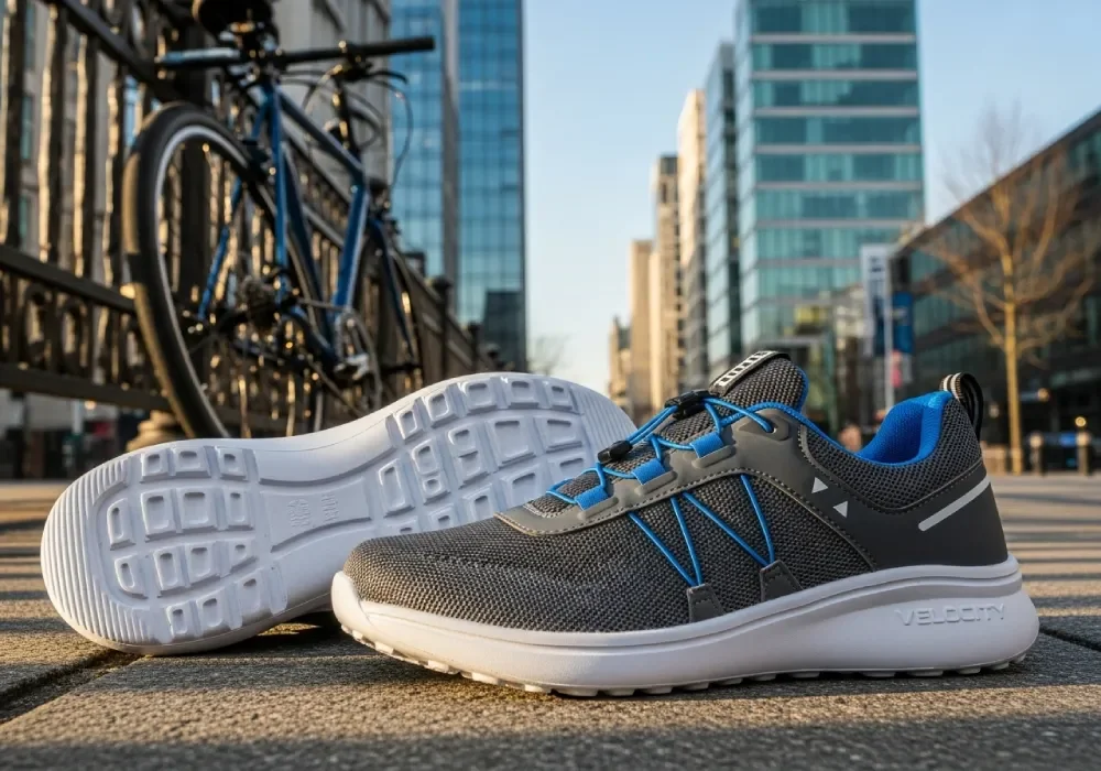 Lightweight mesh cycling shoes with EVA soles next to a bike on a city road.