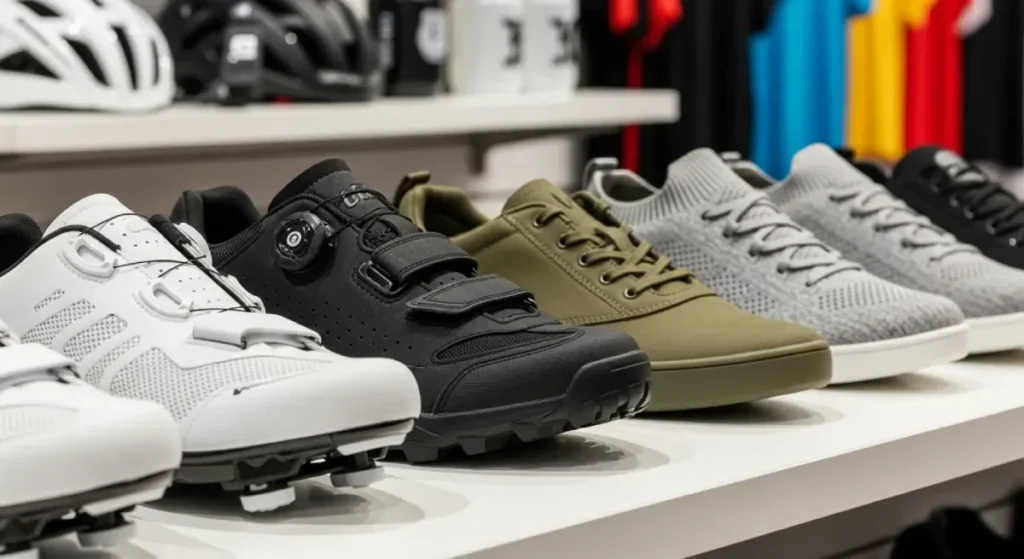 Various types of cycling shoes including road, mountain, flat pedal, and urban styles on display