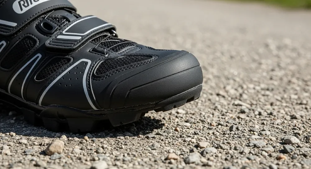 Rugged cycling shoe with reinforced toe and padded heel on gravel road for impact protection