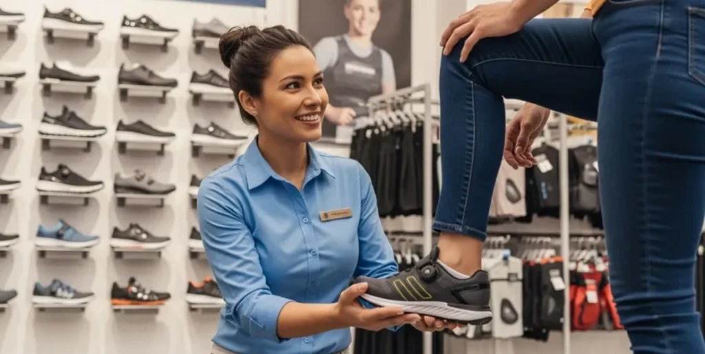 Footwear expert helping customer choose the right cycling shoes at a store