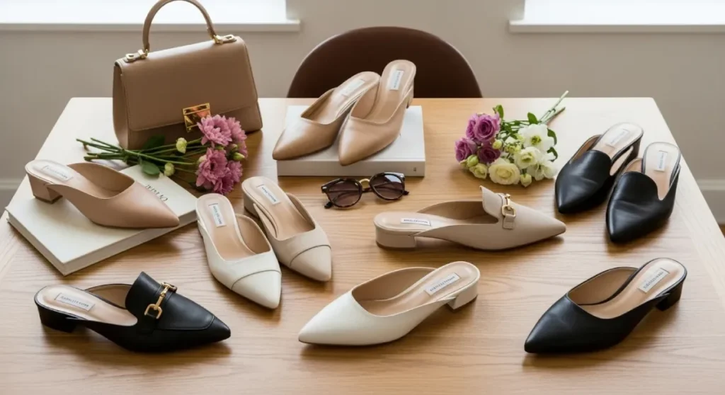 Various types of women’s mule shoes — flat, heeled, and pointed-toe — displayed in a boutique setting with fashion accessories.