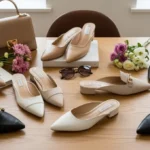 Various types of women’s mule shoes — flat, heeled, and pointed-toe — displayed in a boutique setting with fashion accessories.