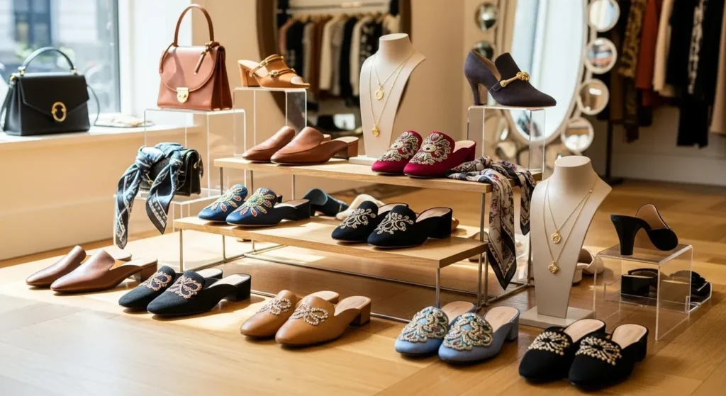 Women’s mule shoes collection — leather, suede, and silk mules in a modern boutique display for style and comfort.