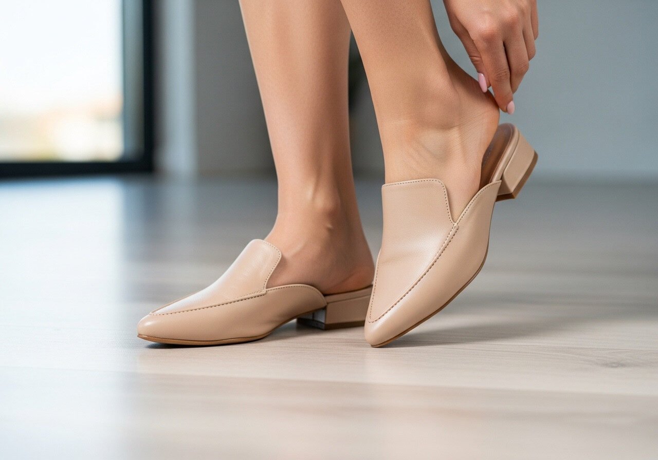 Woman wearing beige leather mule shoes — slip-on comfort with no buckles or straps.