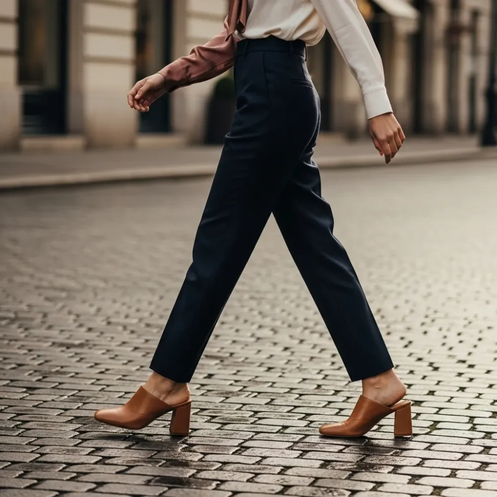 Woman wearing tan leather block-heel mules for an elegant yet relaxed style.