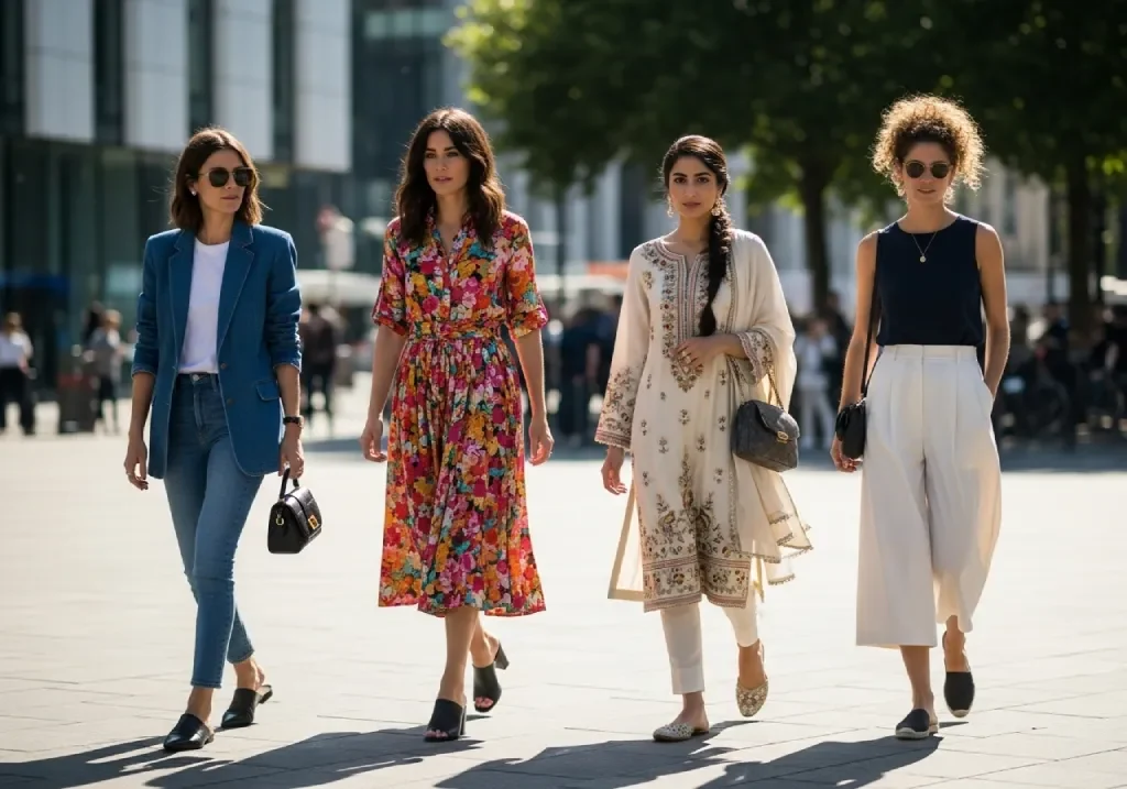 Women styling mule shoes with jeans, dresses, salwar kameez, and summer culottes.