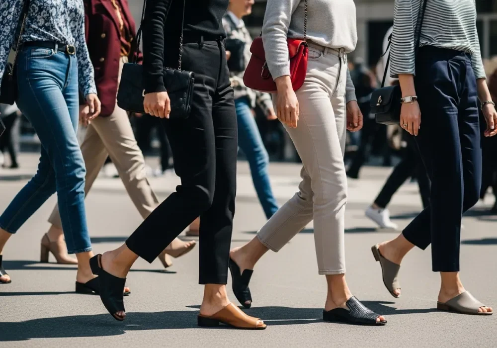 Women wearing relaxed-fit mule shoes for wide feet and heel comfort.