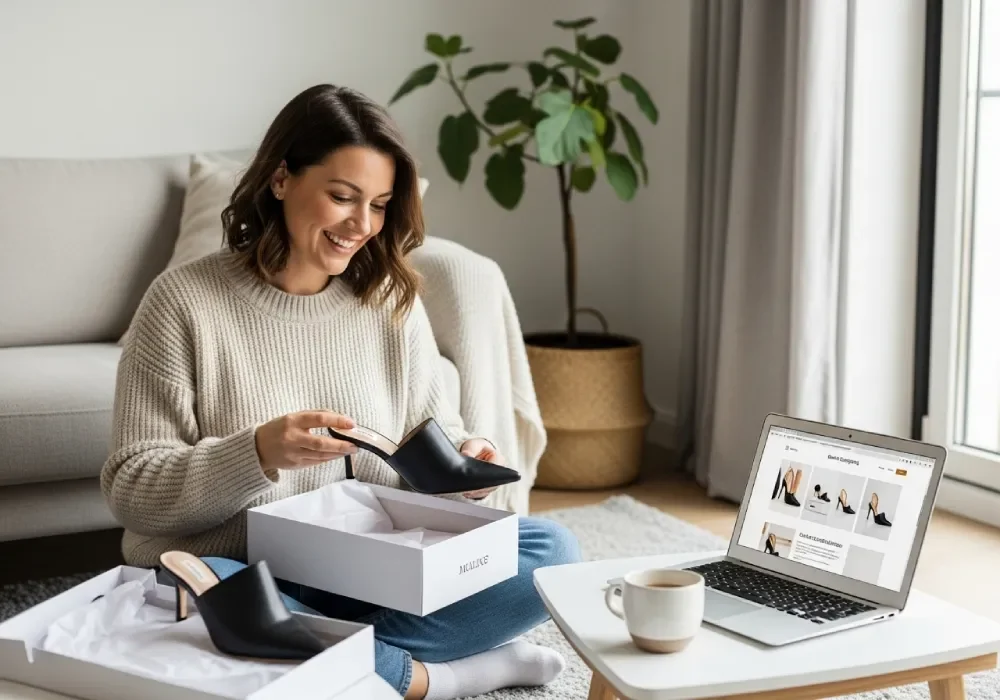Woman unboxing mule shoes bought from an online store, showing easy online shopping experience.