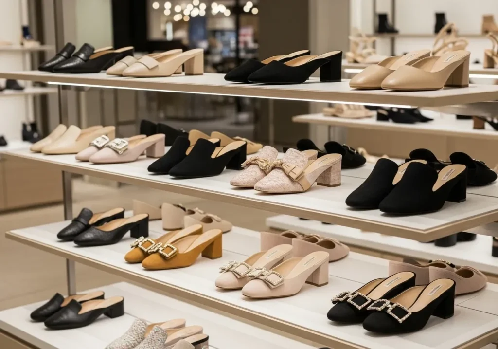 Various types of women’s mule shoes including flat, heeled, leather, woven, embellished, closed-toe, sneaker, and open-toe styles displayed on a white background.