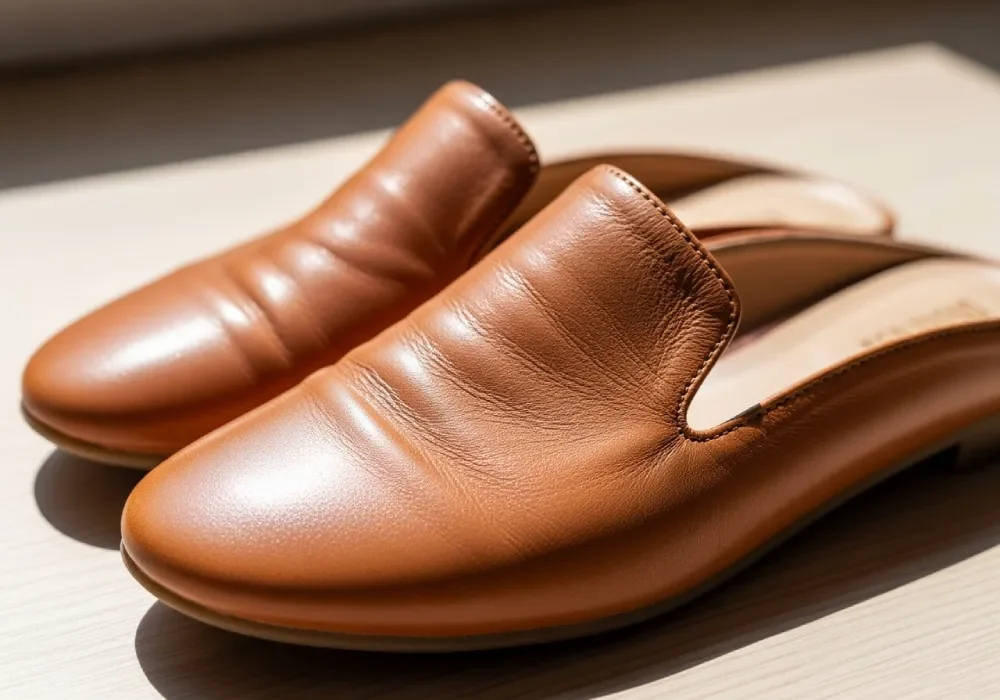 Pair of women's flat leather mules with slip-on design, perfect for casual and indoor wear.