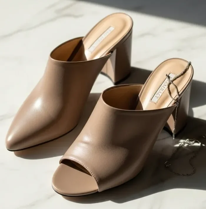 Pair of women’s heeled mules with block heels in neutral color, perfect for office and party wear.
