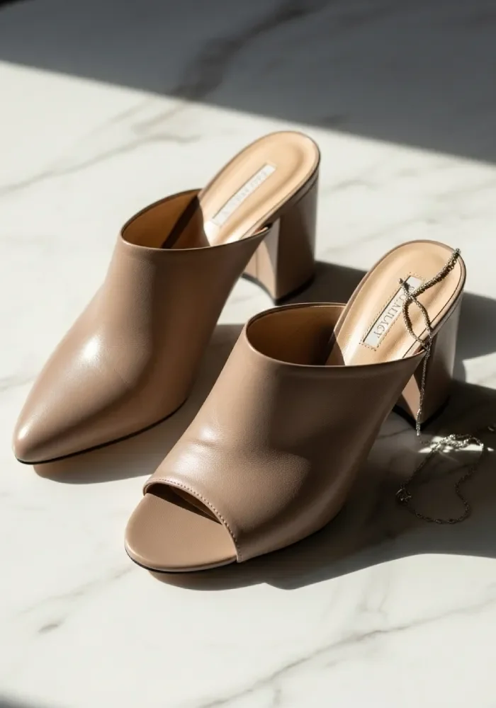Pair of women’s heeled mules with block heels in neutral color, perfect for office and party wear.