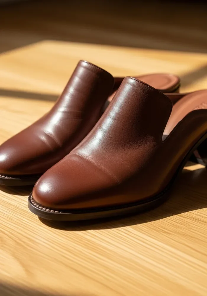 Elegant women’s leather mules with mid heels made of genuine leather, perfect for office and smart-casual wear.