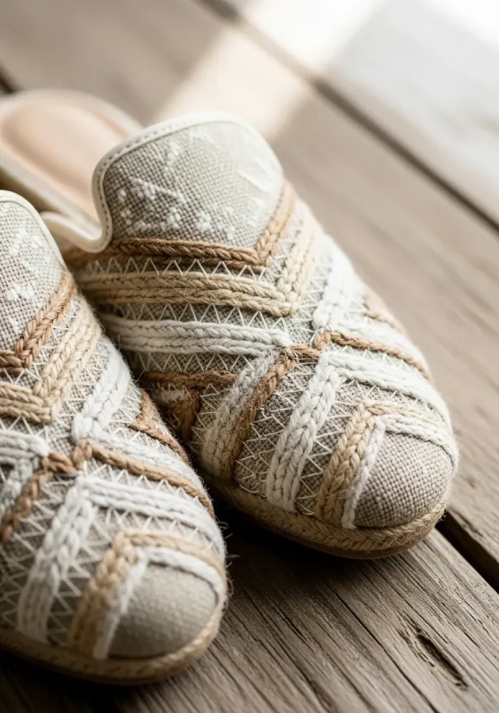 Women’s woven fabric mules made with natural jute and linen, featuring handwoven patterns, perfect for summer and boho style.