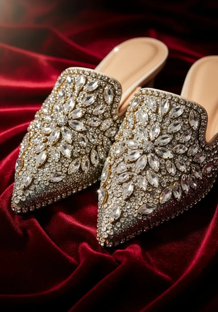 Elegant women’s embellished mule shoes with rhinestones and glitter, perfect for weddings and festive occasions.