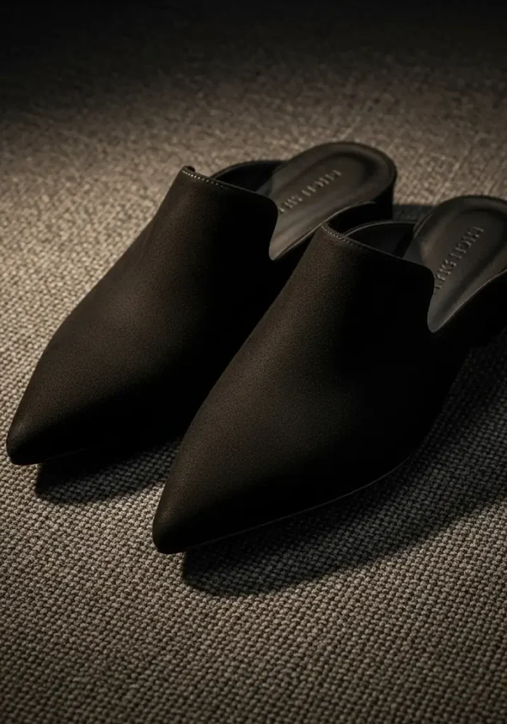 Women’s closed-toe pointed mule shoes made of suede with open back, ideal for formal and semi-formal occasions.