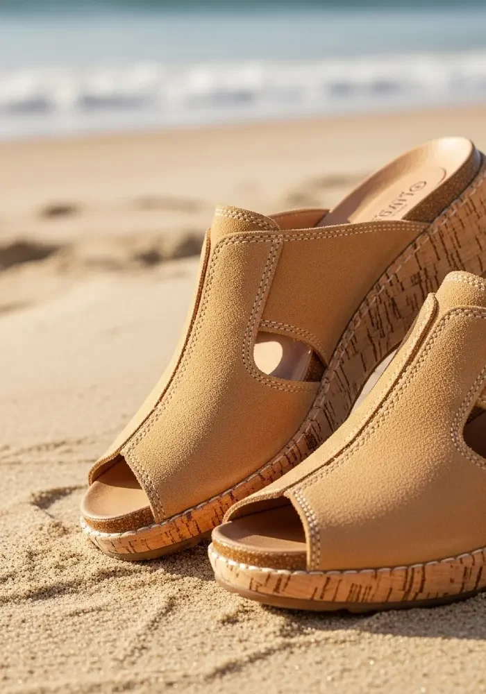 Women’s open-toe mule shoes with cork soles, lightweight and breathable, perfect for summer and beach trips.