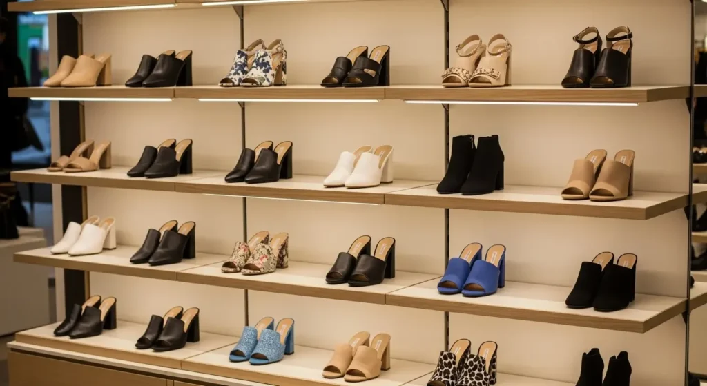 Shoe store display of women’s mule shoes in various styles and colors.