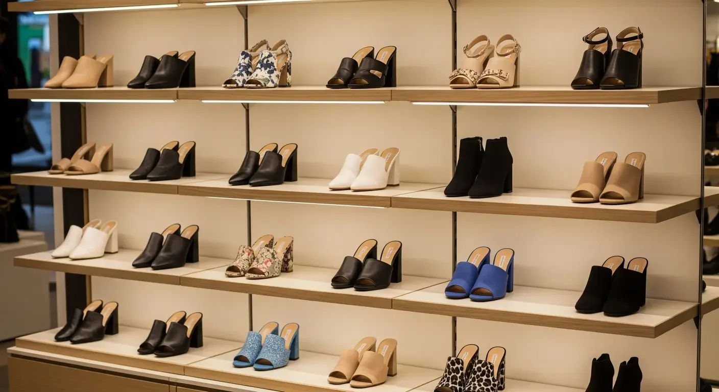 Shoe store display of women’s mule shoes in various styles and colors.