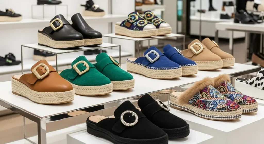 Close-up view of women’s mule shoes in various popular materials including leather, suede, woven jute, and embellished designs displayed in a retail store