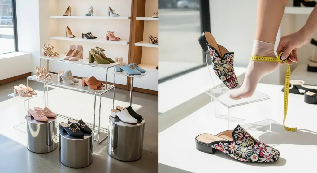 Foot measuring for perfect sizing beside women’s mule shoes displayed in a modern shoe store