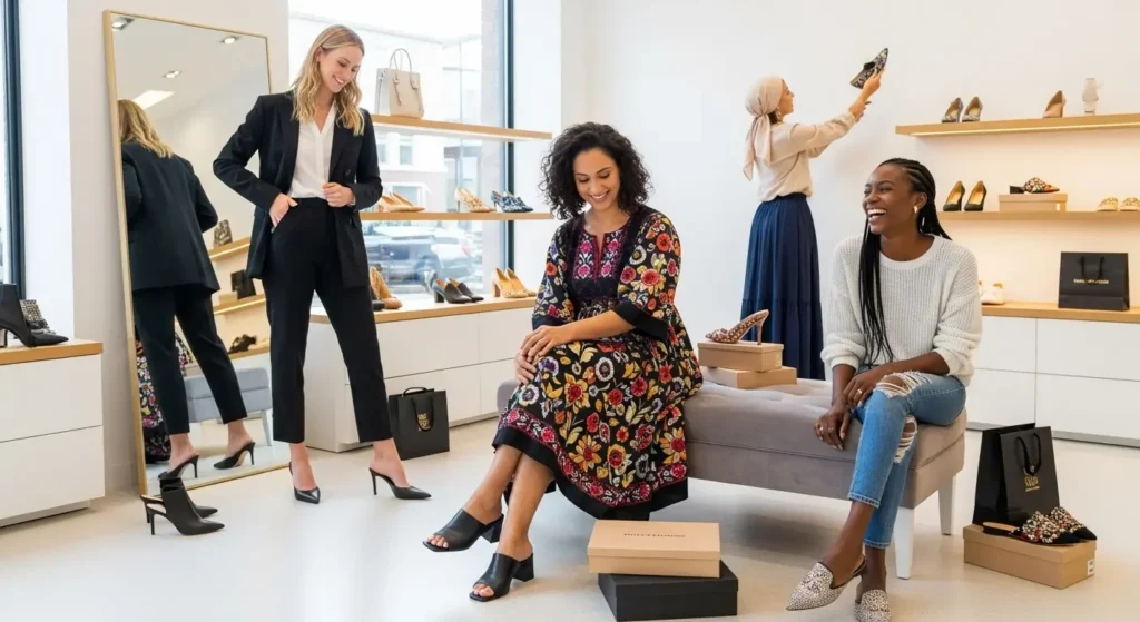 Multicultural women trying on stylish women’s mule shoes in a modern shoe boutique